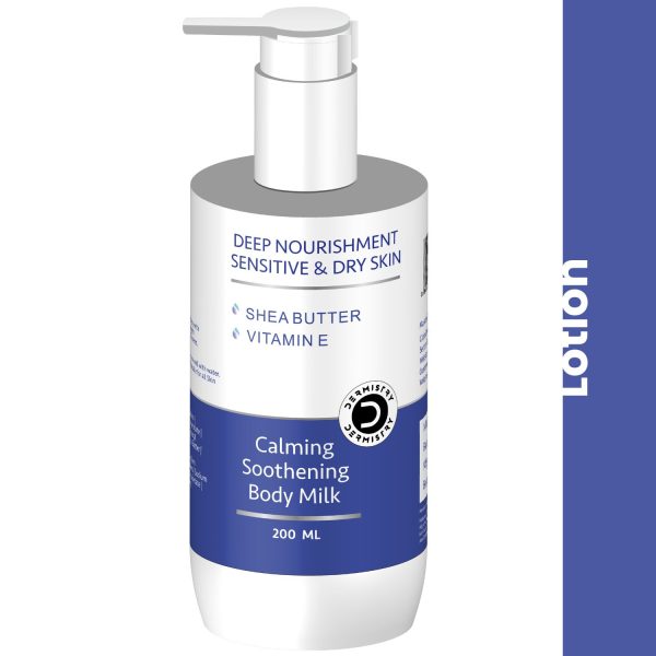 Dermistry Calming Soothing Body Milk Lotion Sensitive & Dry Skin Deep Nourishment Moisturizer Shea Butter, Vitamin E Non-Greasy, Repairs Smoothens Men Women 200 ml