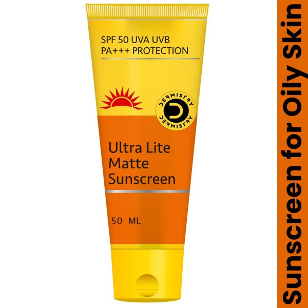 Dermistry Ultra Lite Matte Finish Sunscreen SPF 50 for Oily Acne Prone & All Skin Types I UVA/B PA+++ Sun Protection l Light Weight Moisturizer I Water Based Daily Use Men Women 50ml