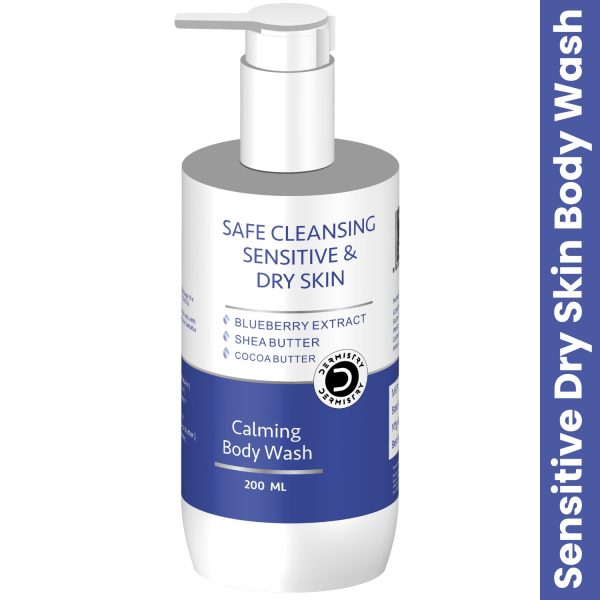 Dermistry Sensitive & Dry Skin Calming Soothing Thick Cream Body Wash I Shea & Cocoa Butter I Blue Berry I Safe Mild Gentle Soap Free Cleanser I Moisturizing Revitalizing I Suitable for All Skin types, Women Men 200 ml