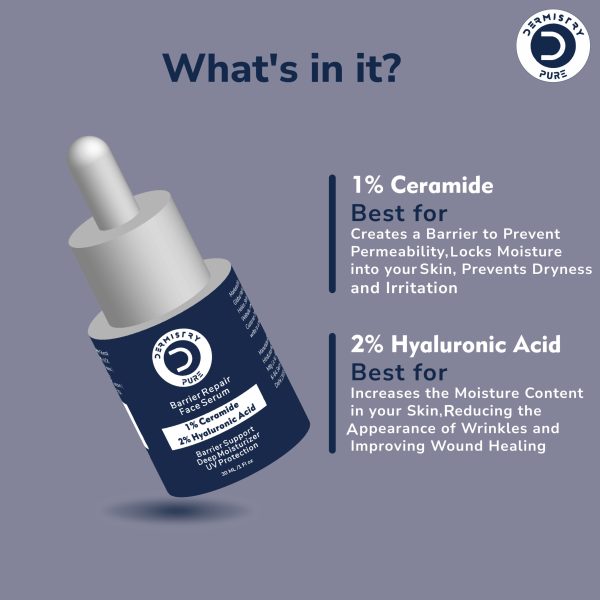 Dermistry Pure 1% Ceramides + 2% Hyaluronic Acid Best Barrier Repair Face Serum for Sensitive & Dry Skin Skin Glowing Hydrating Soothing Deep Moisturizer UV Protection 30ml - Image 2