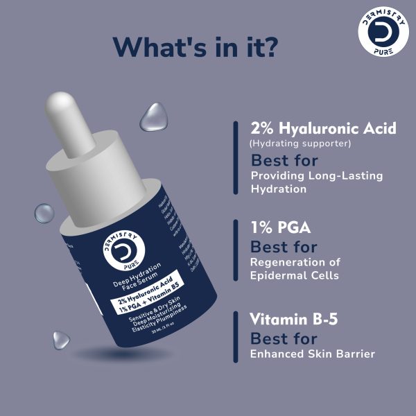 Dermistry Pure 2% Hyaluronic Acid 1% PGA Vitamin B5 Best Intense Skin Hydrating Moisturiser Glowing Day Night Face Serum for Sensitive Dry Skin Deep Moisturizing Elasticity Plumpiness Soft Supple Skin - Image 2