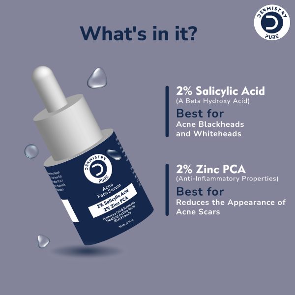 Dermistry Pure 2% Salicylic Acid 2% Zinc Face Serum Oily Acne Prone Skin Removal Blackheads Whiteheads Pimples Scar Marks Healing Redness Dark Spots Removes Excess Sebum Oil Control UV Protection - Image 2