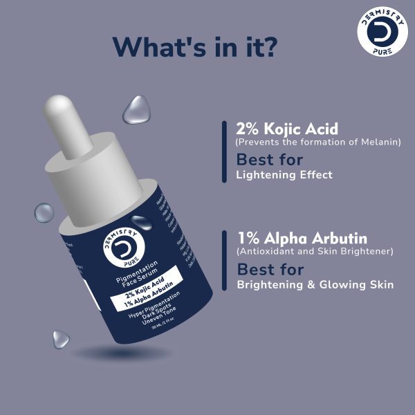 Dermistry Pure 2% Kojic Acid 1% Alpha Arbutin Best Skin Glow Lightening Brightening Instant Glowing Fairness Face Serum For Removes Uneven Tone Dark Spots Pigmentation Tan & Dull Skin All Skin Types - Image 2