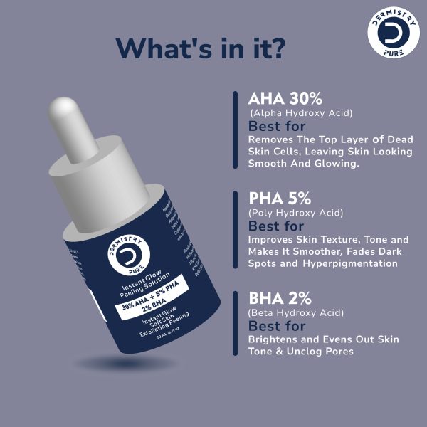 Dermistry Pure 30% AHA + 5% PHA + 2% BHA Skin Lightening Brightening Instant Glowing Smooth Skin Peeling Exfoliating Solution Face Serum For Instant Glow Removes Acne Marks Pigmentation Tan Removal - Image 2
