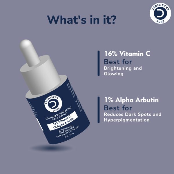 Dermistry 16% Vitamin C 1% Alpha Arbutin Skin Lightening Brightening Instant Glowing Fairness Face Serum for Removes Pigmentation Dull Skin Dark Spots Correcting Skin Radiance Sun Damage Repair 30 ml - Image 2