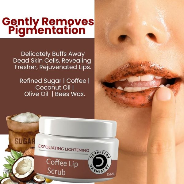 Dermistry Exfoliating Lightening Coffee & Sugar Lip Scrub for Reduction of Dark Smoker Pigmentation & Healing Dry Chapped Lips I Shea Butter I Olive Oil I Coconut Oil I Sugar I Brightening Men Women 15ml - Image 2