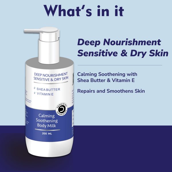 Dermistry Calming Soothing Body Milk Lotion Sensitive & Dry Skin Deep Nourishment Moisturizer Shea Butter, Vitamin E Non-Greasy, Repairs Smoothens Men Women 200 ml - Image 2