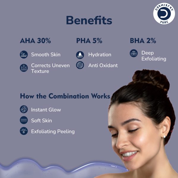 Dermistry Pure 30% AHA + 5% PHA + 2% BHA Skin Lightening Brightening Instant Glowing Smooth Skin Peeling Exfoliating Solution Face Serum For Instant Glow Removes Acne Marks Pigmentation Tan Removal - Image 3