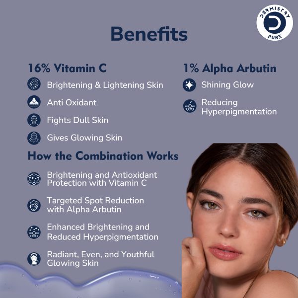 Dermistry 16% Vitamin C 1% Alpha Arbutin Skin Lightening Brightening Instant Glowing Fairness Face Serum for Removes Pigmentation Dull Skin Dark Spots Correcting Skin Radiance Sun Damage Repair 30 ml - Image 3