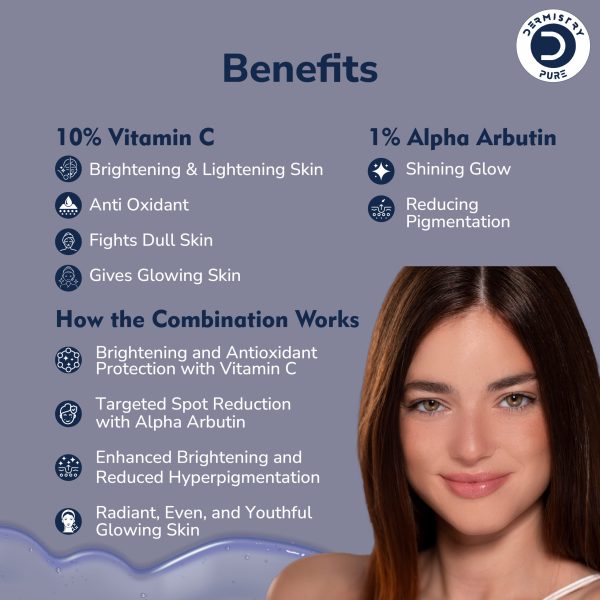 Dermistry Pure 10% Vitamin C 1% Alpha Arbutin Skin Lightening Brightening Instant Glowing Fairness Face Serum for Removes Dull Skin Pigmentation Dark Spots Correcting Skin Radiance Repair Sun Damage - Image 3