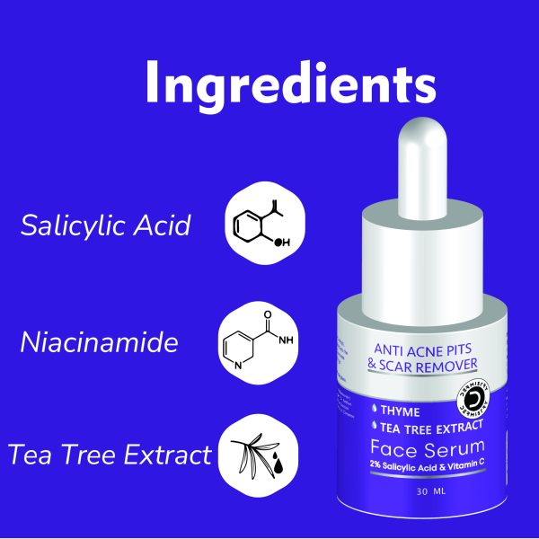 Dermistry 2% Salicylic Acid Anti Acne Face Serum I Niacinamide I Tea Tree Ext & Vitamin C I Oil Free | Pits Scars Pimples Blemishes Dark Spots Remover I For Oily Acne Prone Skin Men Women Boys Girls I 30ml - Image 3