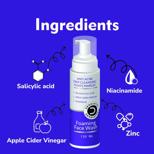 Dermistry Anti Acne Foaming Deep Cleanser Face Wash I 2% Salicylic Acid, Apple Cider, Vinegar and Niacinamide Zinc I Pimples & Excess Oil Removal Oily Acne Prone Skin for Men and Women - 150 ml - Image 3