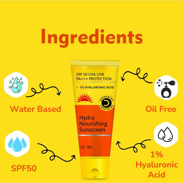 Dermistry 1% Hyaluronic Acid Ultra Hydrating Nourishing Sunscreen Aqua Gel For Dry Combination & All Skin Types & SPF 50 UVA UVB PA+++ Sun Protection | No White Cast Light Weight Moisturizer I Water Based Daily Use Men Women 50ml - Image 3