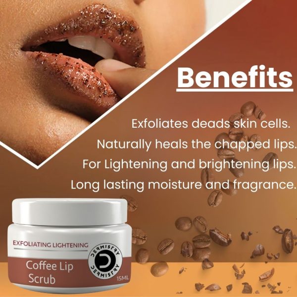 Dermistry Exfoliating Lightening Coffee & Sugar Lip Scrub for Reduction of Dark Smoker Pigmentation & Healing Dry Chapped Lips I Shea Butter I Olive Oil I Coconut Oil I Sugar I Brightening Men Women 15ml - Image 3