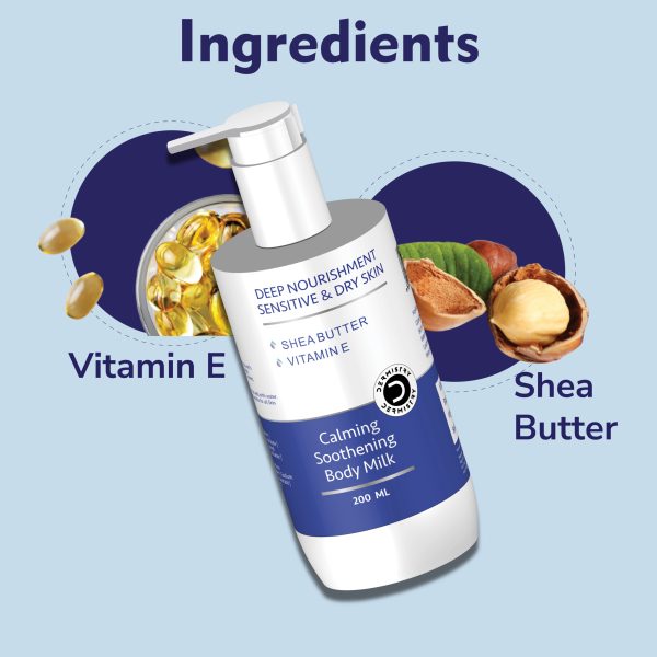 Dermistry Calming Soothing Body Milk Lotion Sensitive & Dry Skin Deep Nourishment Moisturizer Shea Butter, Vitamin E Non-Greasy, Repairs Smoothens Men Women 200 ml - Image 3
