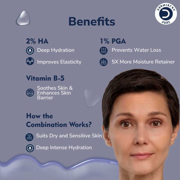 Dermistry Pure 2% Hyaluronic Acid 1% PGA Vitamin B5 Best Intense Skin Hydrating Moisturiser Glowing Day Night Face Serum for Sensitive Dry Skin Deep Moisturizing Elasticity Plumpiness Soft Supple Skin - Image 3