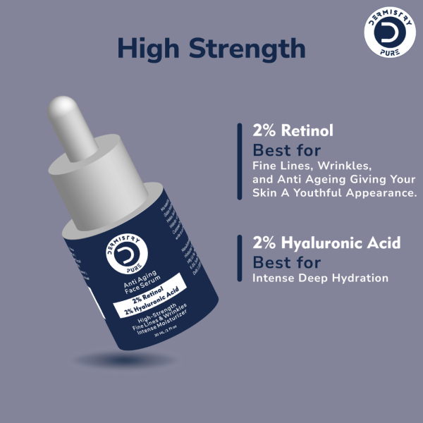 Dermistry Pure 2% Retinol 2% Hyaluronic Acid High-Strength Anti Aging Ageing Face Serum Removes Fine Lines & Wrinkles Skin Deep Hydration Intense Moisturizer 30ml - Image 2