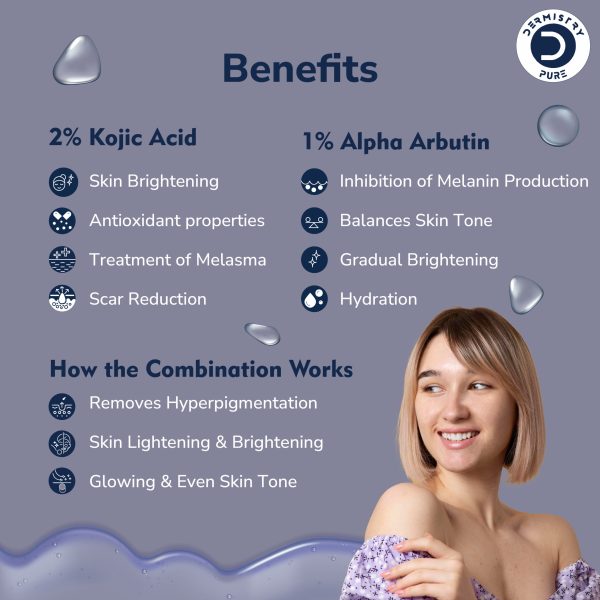 Dermistry Pure 2% Kojic Acid 1% Alpha Arbutin Best Skin Glow Lightening Brightening Instant Glowing Fairness Face Serum For Removes Uneven Tone Dark Spots Pigmentation Tan & Dull Skin All Skin Types - Image 3