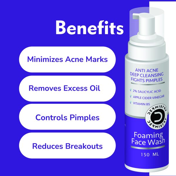 Dermistry Anti Acne Foaming Deep Cleanser Face Wash I 2% Salicylic Acid, Apple Cider, Vinegar and Niacinamide Zinc I Pimples & Excess Oil Removal Oily Acne Prone Skin for Men and Women - 150 ml - Image 4