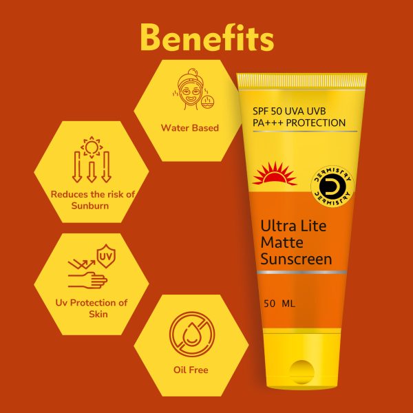 Dermistry Ultra Lite Matte Finish Sunscreen SPF 50 for Oily Acne Prone & All Skin Types I UVA/B PA+++ Sun Protection l Light Weight Moisturizer I Water Based Daily Use Men Women 50ml - Image 4