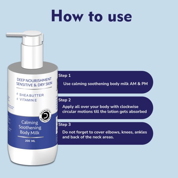Dermistry Calming Soothing Body Milk Lotion Sensitive & Dry Skin Deep Nourishment Moisturizer Shea Butter, Vitamin E Non-Greasy, Repairs Smoothens Men Women 200 ml - Image 6